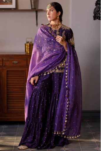 Fatima Purple Embroidered Kurta And Frill Sharara With Dupatta